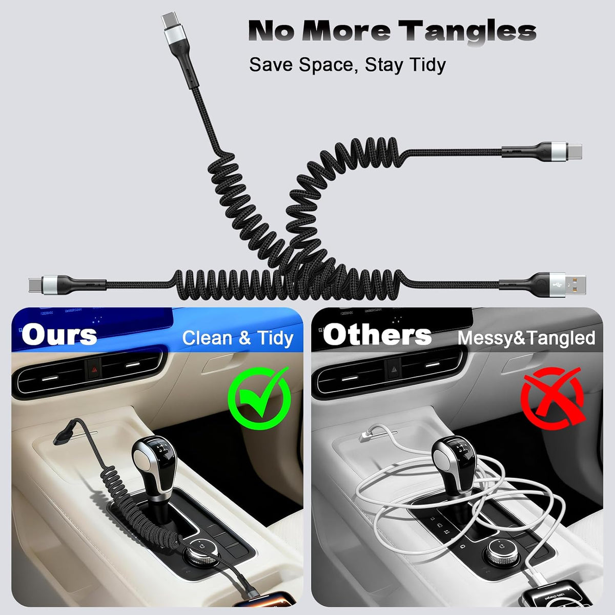 Coiled USB C Cable 2 Pack 3FT, USB A to USB C Car Charger Cable for CarPlay