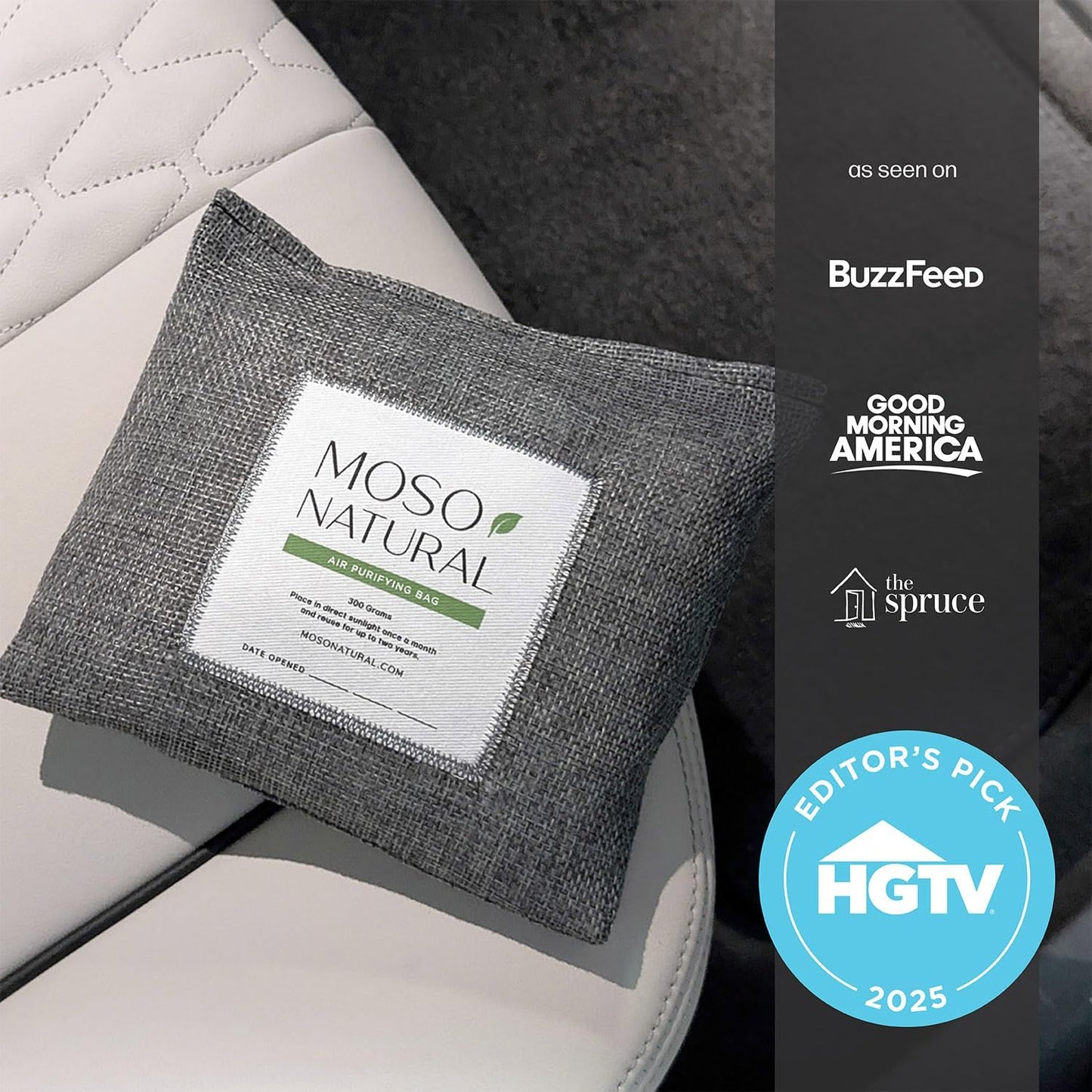 Moso Natural Car Odor Eliminator & Charcoal Odor Absorber, Bamboo Charcoal Air Purifying Bag for Cars, Trucks, SUVs, RVs & Boats — Unscented Deodorizer, Lasts 2 Years, HGTV Editors' Pick