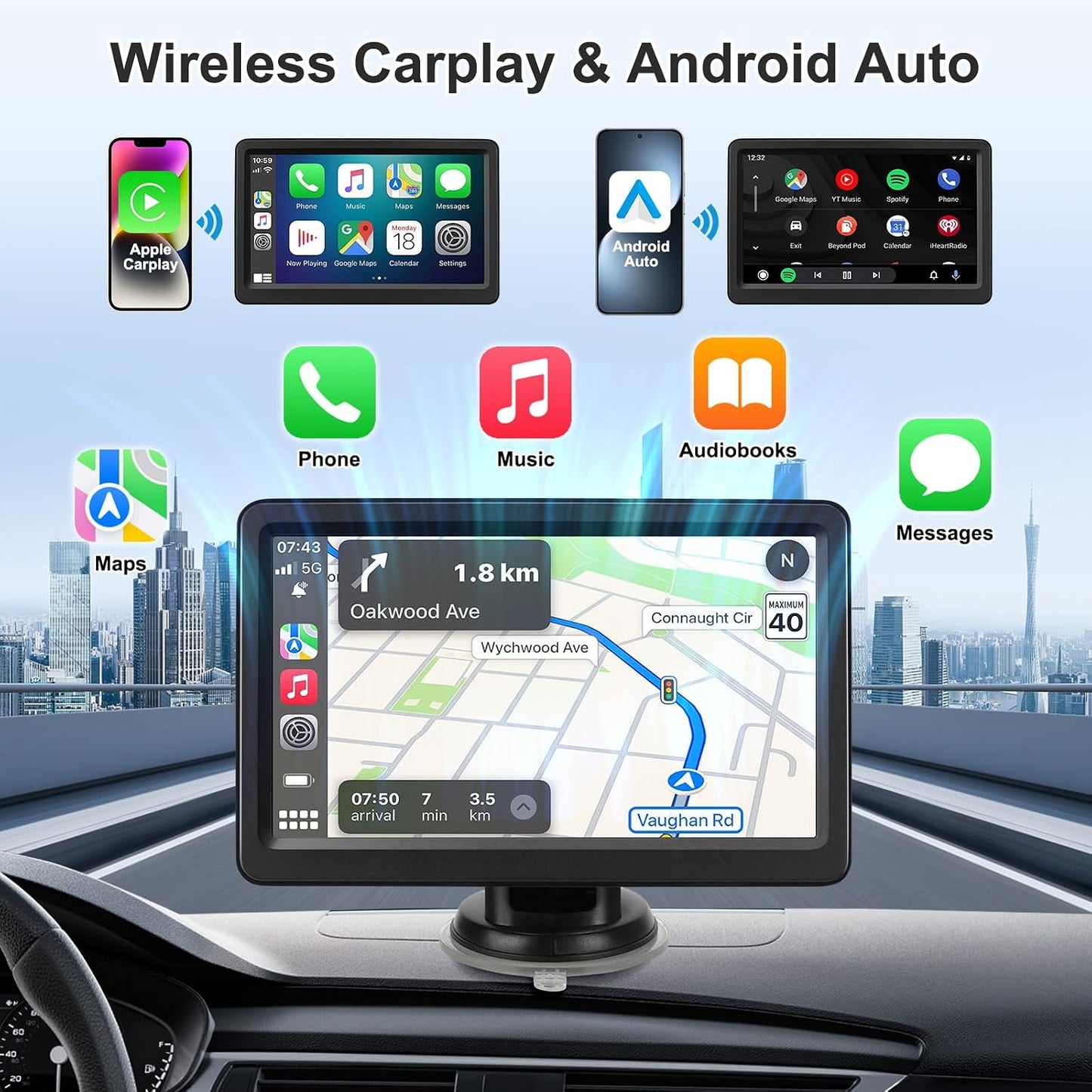 Carplay Screen for Car, 7" Wireless Carplay & Android Auto, Portable HD Touchscreen with Mirror Link, GPS Navigation, Voice Control, Hands-Free Calling, Bluetooth/AUX/FM, Plug & Play Car Play Screen