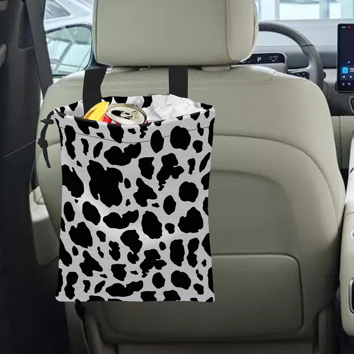 Car Trash Bag Cow Texture Car Garbage Bag Hanging Car Trash Can for Back Seat with Drawstring, Waterproof Garbage Bags for Accessories Vehicle Travelling Camping Outdoor