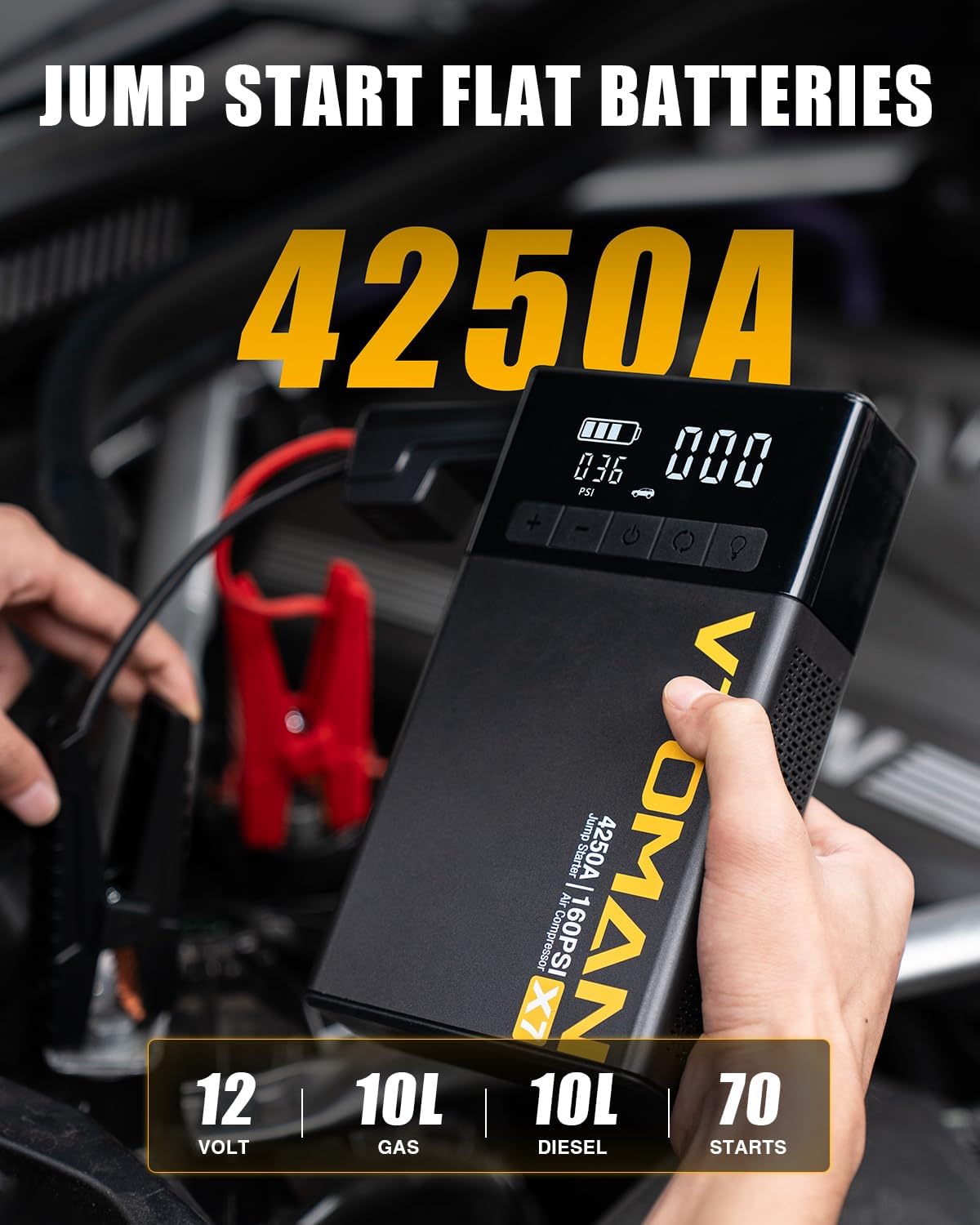 VTOMAN X7 4250A Jump Starter, 160PSI Air Compressor, Up to 10L Gas/Diesel