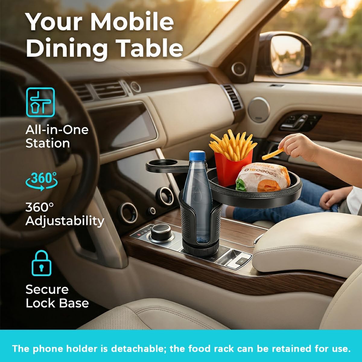 Car Cup Holder Tray, 4-in-1 Vehicle Drink Holder Expander Adapter with Phone Holder & Food Tray Table, Auto Center Console Cupholder Eating Table Organizer for Road Trip, Universal Fit (Gray)