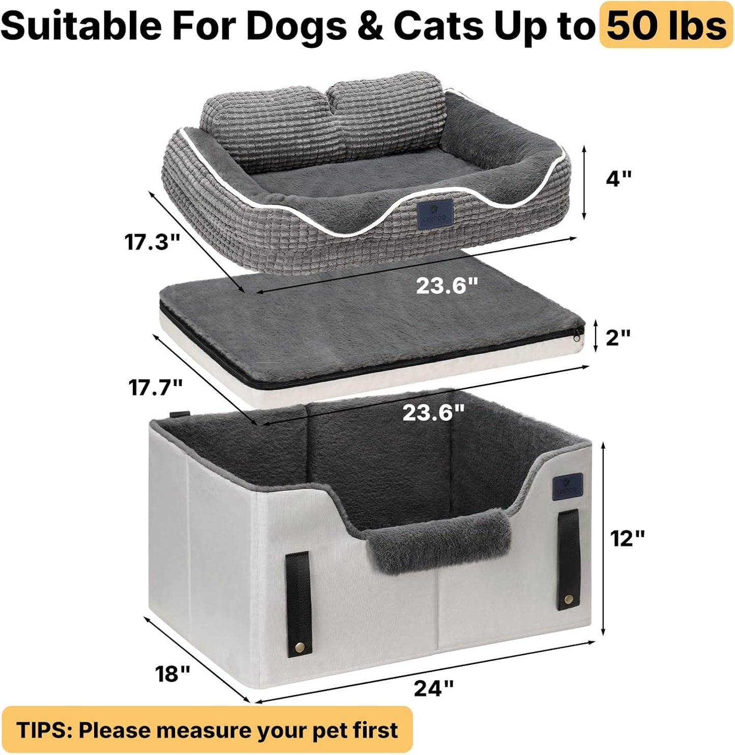 Veehoo 2-in-1 Dog Booster Car Seat & Pet Bed for Small Medium Dogs up to 50lbs, Foldable Travel Car Seat with Safety Leash, Non-Slip Removable Washable Cover