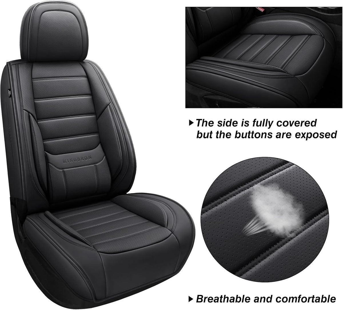 MINGBRON Black Car Seat Cover with Lumbar Support, Car Seat Protector Waterproof, Nappa Leather Car Seat Cushion, Car Seat Covers Front Seats and Back Fit for Most Cars