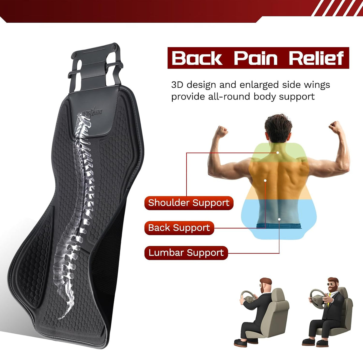 Lumbar Support Pillow for Car Improve Lower Back Pain Relief & Sitting Posture Back Support,Gel Lumbar Seat Cushion for Car,Gel Car Seat Back Support Ergonomic Lumbar Comfort for Long Sitting,Black