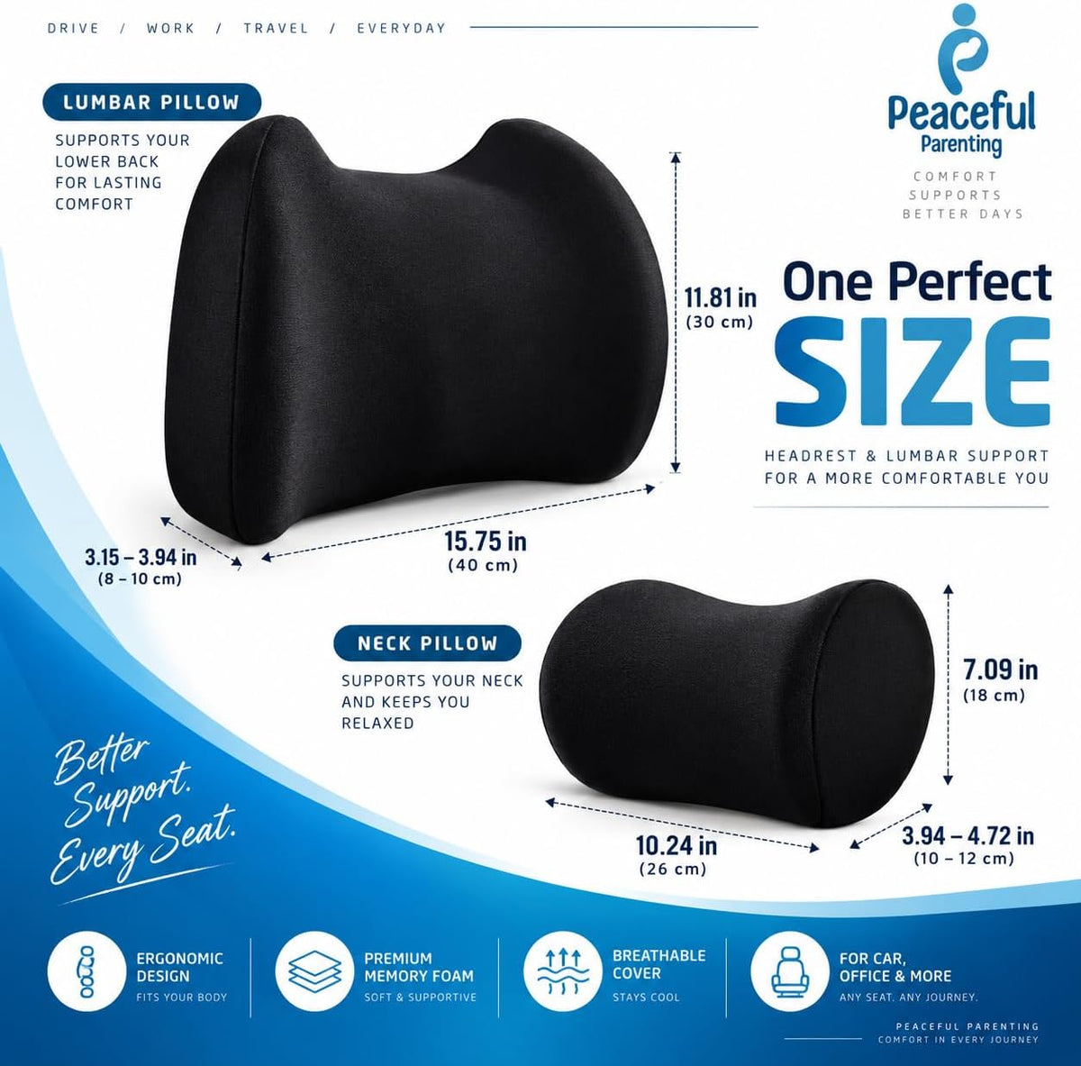 Lumbar & Neck Support Pillow Kit - Black - Back & Neck Support Pillow for Car & Office Chair - Memory Foam Pillow - Ergonomic Pillow for Neck & Back Pain