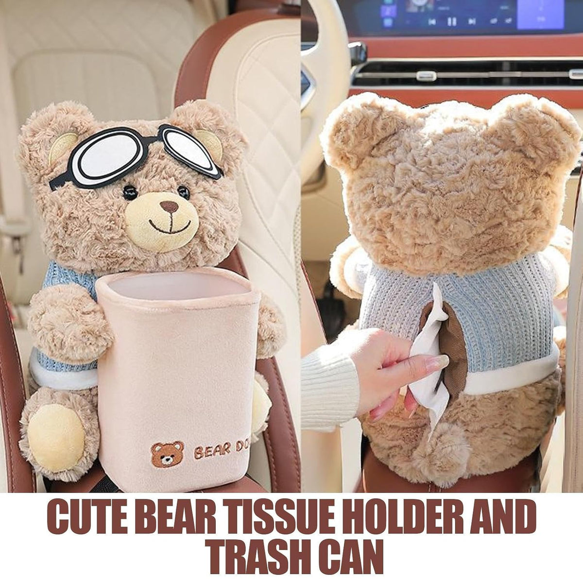 Bear Tissue Holder for Car | Cute Plush Bear Tissue Box Holder & Trash Can with Waterproof Liner | Multi Functional Trash Storage Box, for Armrest Bathroom Sofa