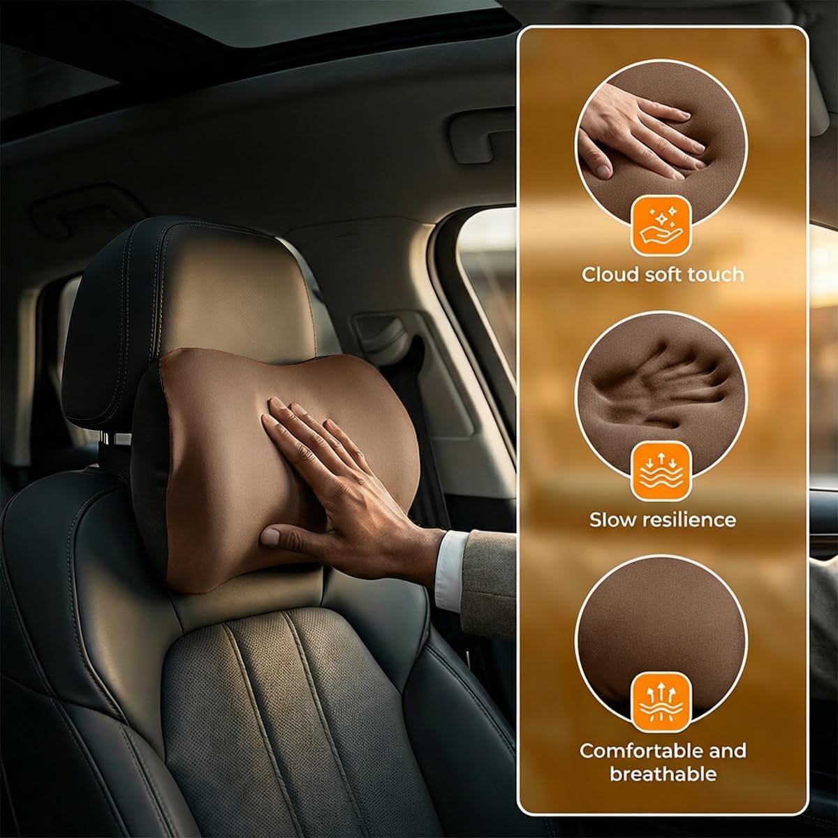 Car Headrest Pillow, Soft Memory Foam Car Neck Support Pillow for Pain Pressure Relief, Breathable Auto Interior Head Rest Cushion with Adjustable Strap for Comfortable Driving (Coffee)