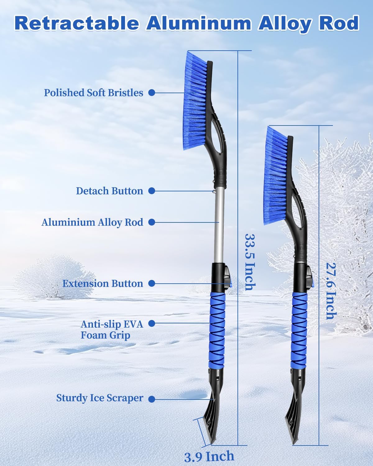2 Pack Snow Brush and Ice Scraper for Car Windshield, Aluminum Extendable Snow Removal Tool for Car Window with Foam Grip, Soft Broom Head for Car SUV Vehicle