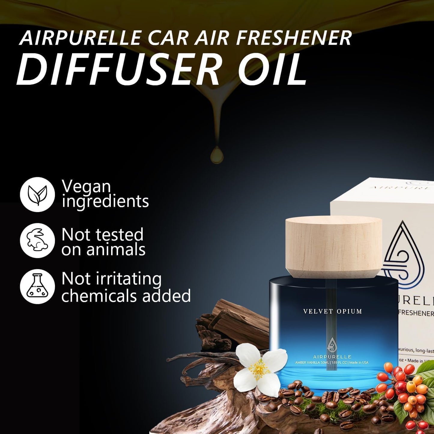 Car Air Freshener 50ML (1.7 FL OZ) Car Air Fresheners Diffuser, Amber Vanilla Fragrance Oil Car Air Freshner, 180+ days Long Lasting Car Perfume, Wooden Cup Design, Made in USA