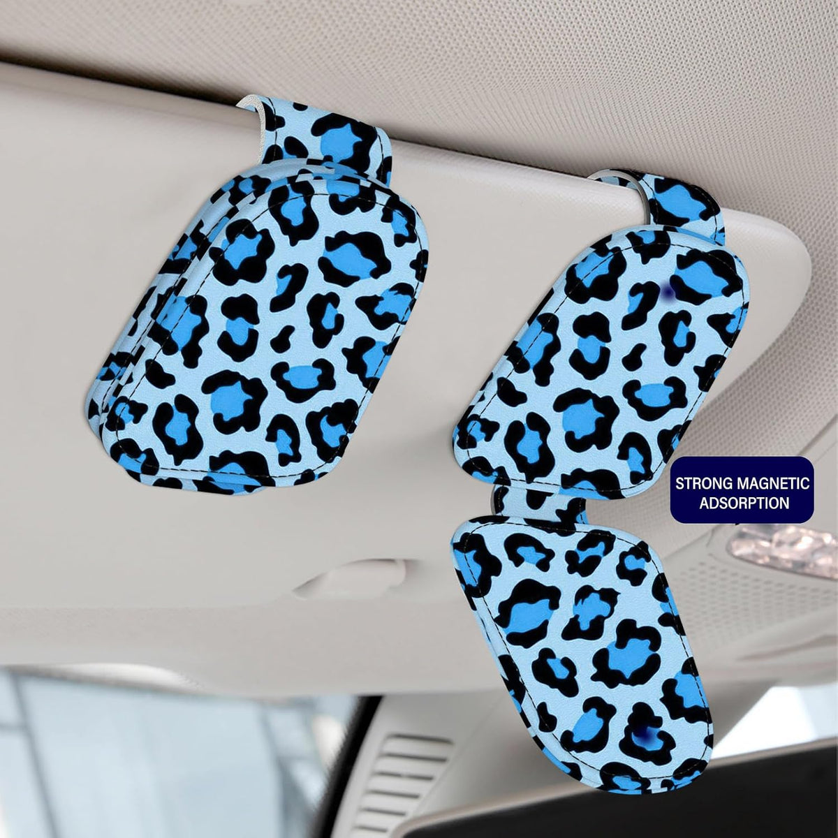 2 Pack Sunglass Holder for Car Visor, Universal Magnetic Car Sunglass Holder for Different Size Eyeglasses, Car Visor Accessories (Leopard-Blue)