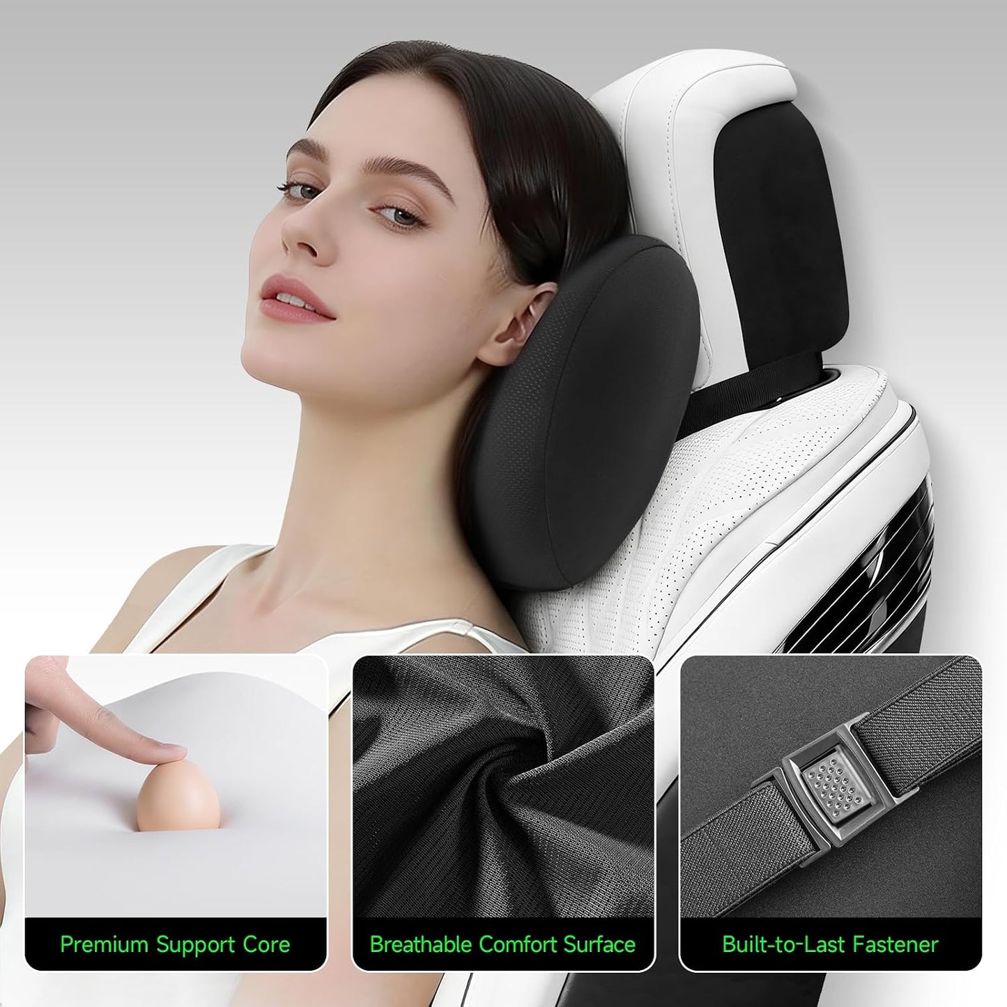BEBAS Memory Foam Car Headrest Pillow - Breathable Neck Support Pillow for Driving, Universal Fit Cars/SUVs/Tesla/Toyota & Office Chair, Removable Cover (Black, Summer)