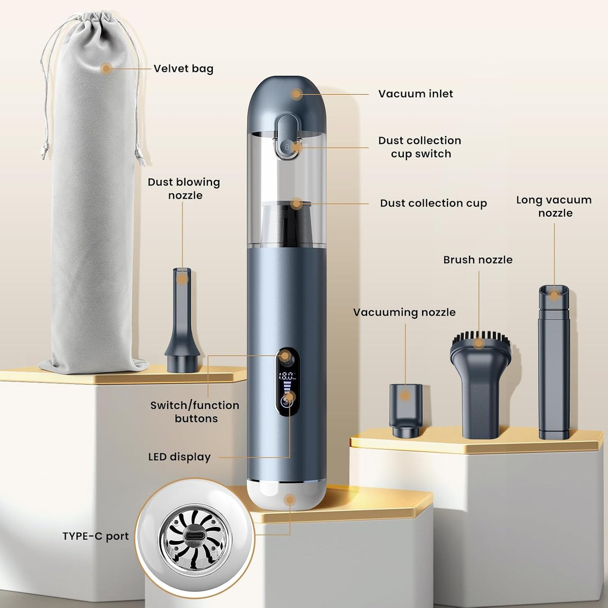 Car Vacuum Handheld Cordless Portable 18000PA Powerful Suction Vacuum Cleaner with LED Light and Air Duster 2 in 1, Brushless Motor Mini Vac for Car, Home, Office