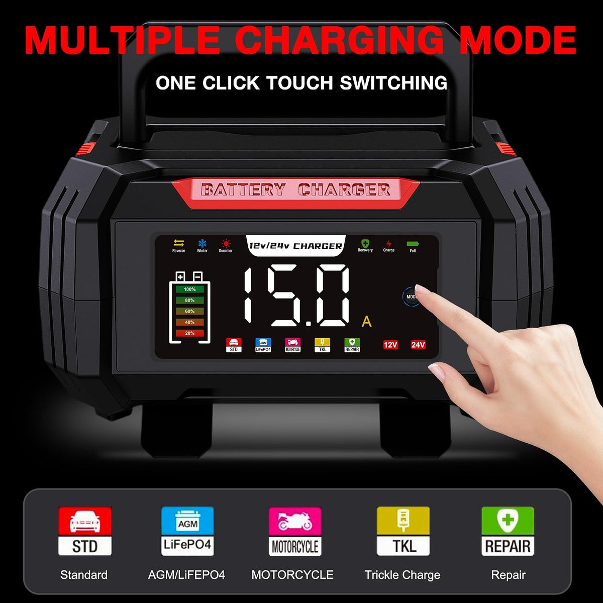 Car Battery Charger 15-Amp 12V/24V Smart Trickle Charger Fully Automatic
