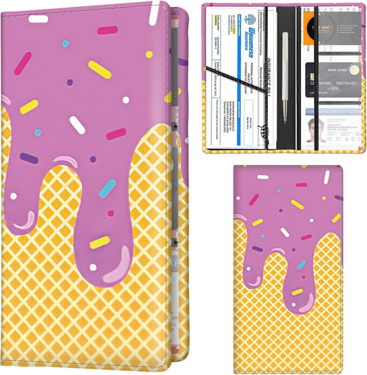 Car Registration and Insurance Holder with Magnetic Shut, Cute Vehicle Glove Box Car Organizer, Premium Interior Car Accessories for Women Men Cute Cake Pattern