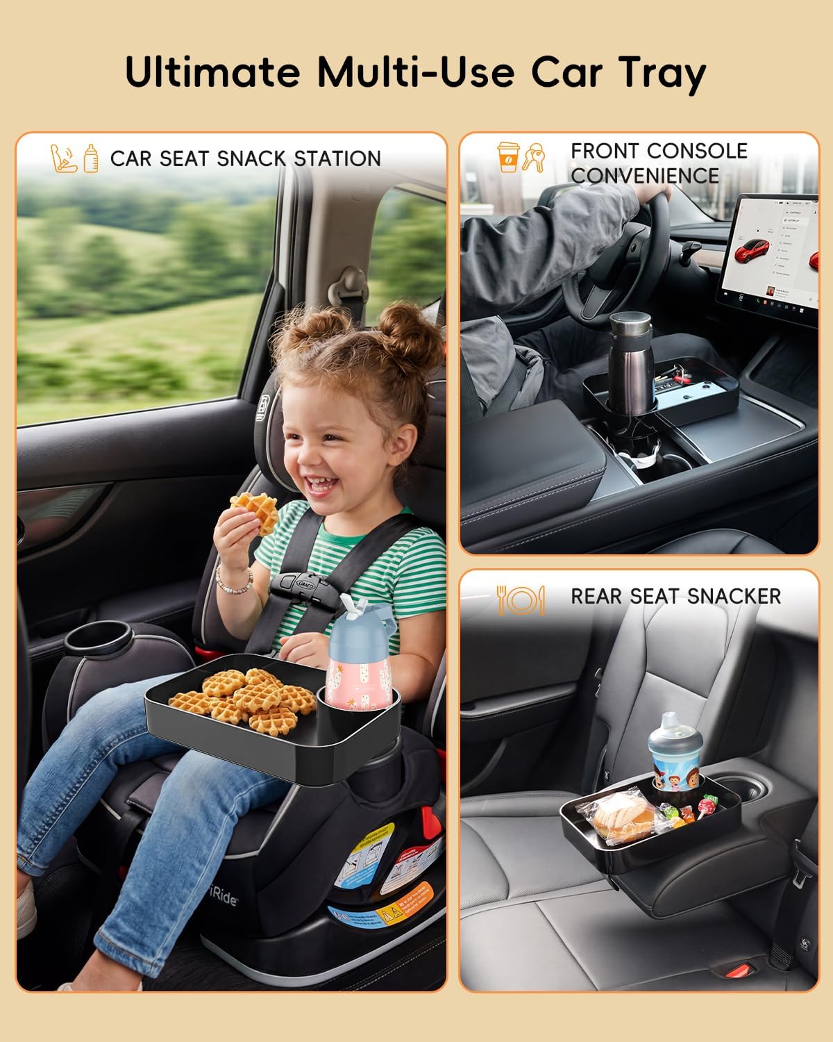 Toddler Car Seat Snack Tray - 3 Inch Cup Holder with Dip Well Fits Most Sippy Cups & Straw Bottles, Mess-Free Square Kids Travel Tray Road Trip Essentials, Black