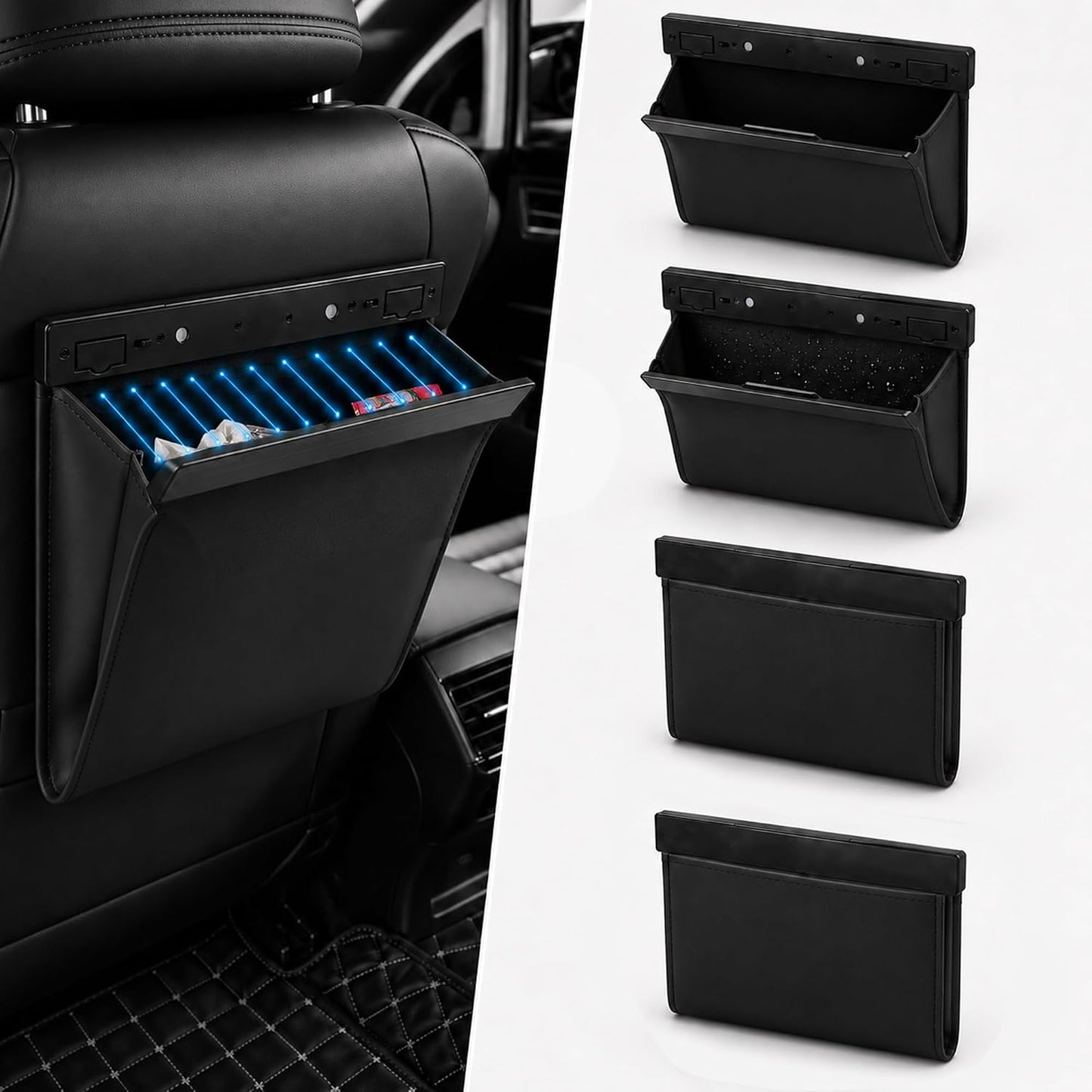 Car Trash Can Leak-Proof, 4 Pack Black Large Capacity Auto Trash Bin with Magnetic Opening, Multi-Purpose Open-Top Car Organizer for Backseat, Console, Door, Phone, Drinks, and Small Items