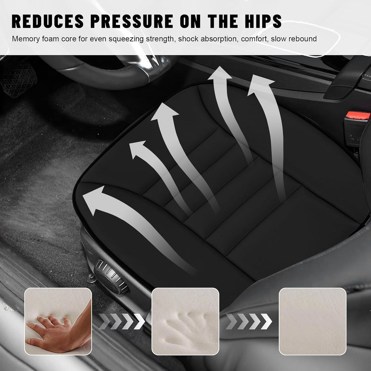 Sun Walker Car Seat Cushion, 1.2" Thick Memory Foam Auto Seat Protector Pressure Relief Pad, Nonslip Bottom Mat Comfort Driving Seats Cover for Truck SUV Sedan, Car Accessories (Black)