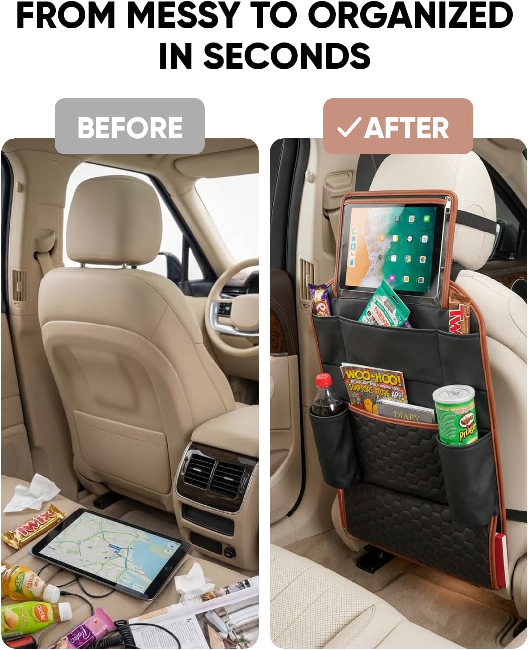 Owleys Back of Seat Organizer for Kids | Car Storage Caddy – 8 Pockets + Transparent Tablet Holder | Waterproof Eco-Leather | 27.5' x 18.5' | Brown+Black