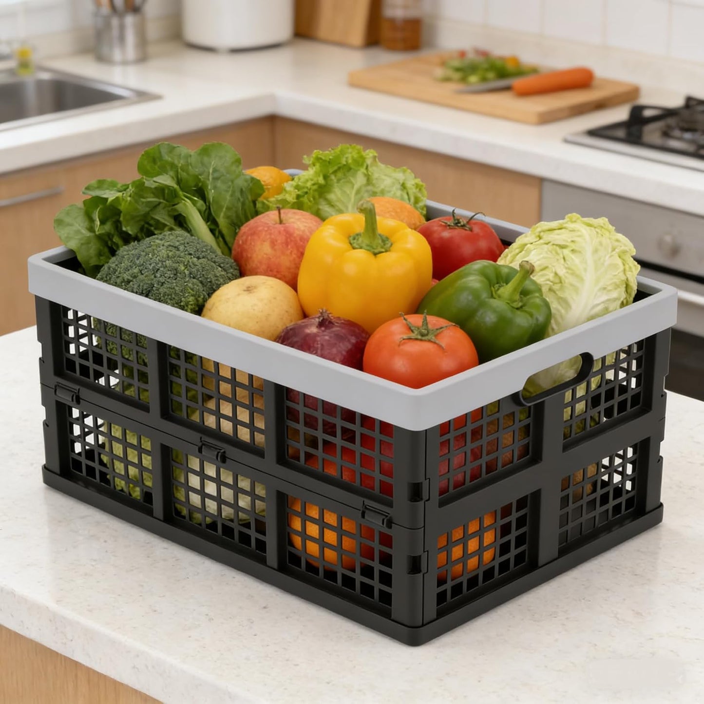 Collapsible Milk Crate, Black, 3PK 30L Stackable Containers Folding Crates, Heavy Duty Plastic Collapsible Storage Bins for Multi Purposes