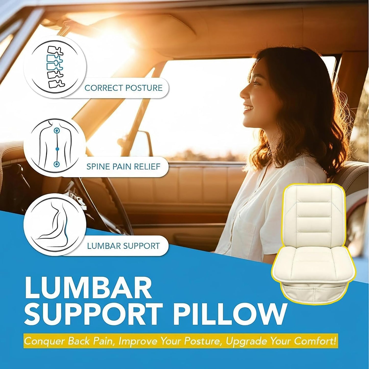 CORRIDOR Genuine Leather Seat Cushion for Car - Handmade - Relieve Hip, Pressure and Sciatica Pain - Ideal for Lower Back Pain - for Office Chair and Car Seat (Off White, Seat + Backrest)