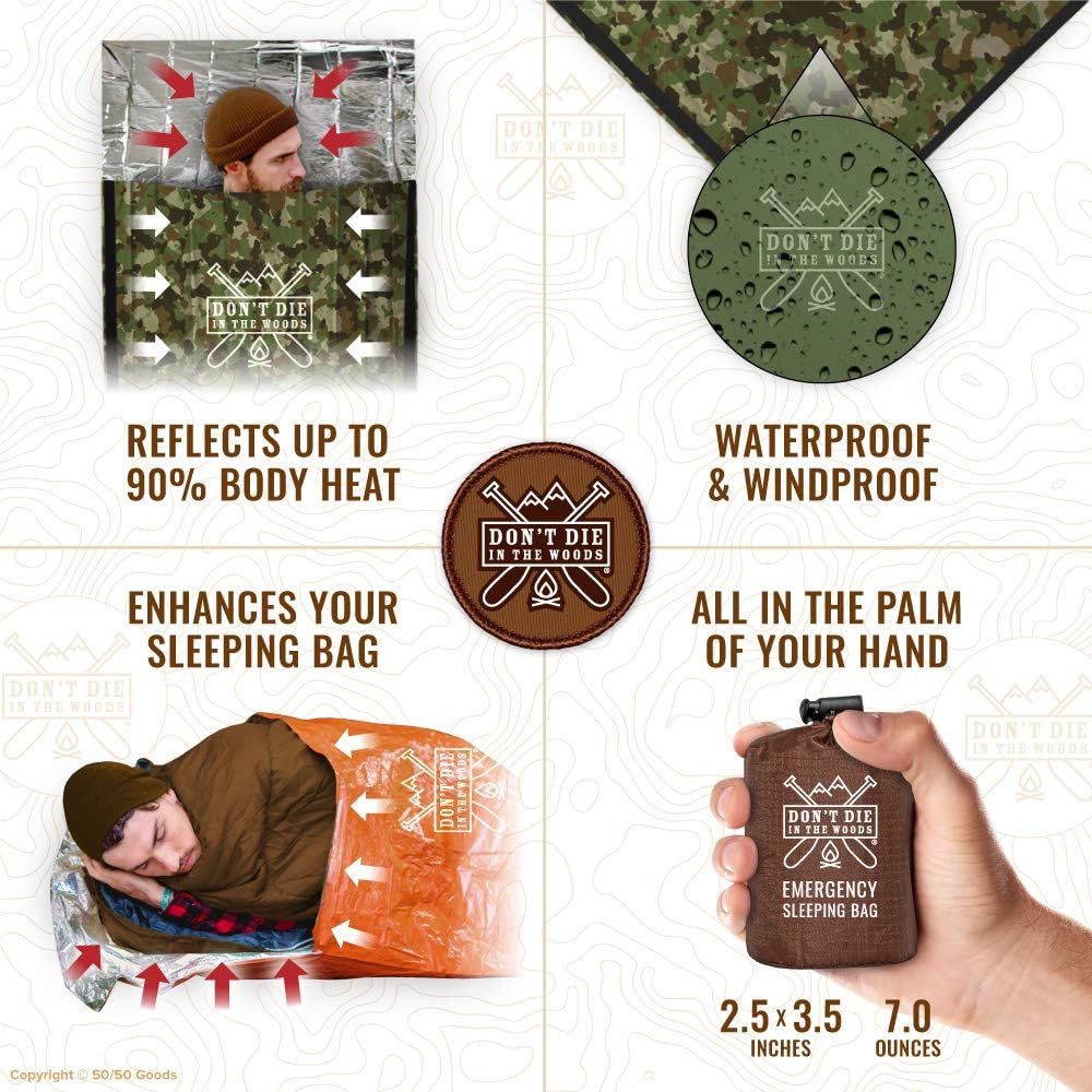 Don’t Die in The Woods - Emergency Sleeping Bag with Hood - Made with Extra Thick Thermal Mylar - for Hiking First Aid Kit Camping Blanket Survival Gear Essentials