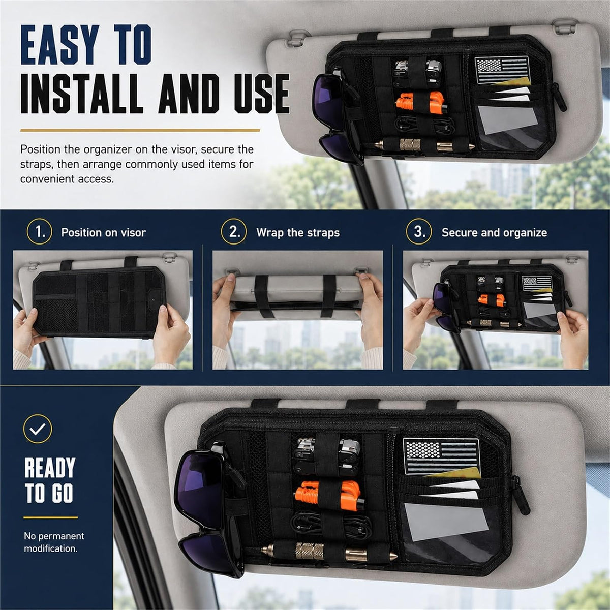 GOOGO Car Sun Visor Organizer, Black Nylon MOLLE Panel with Strap-On Pouch