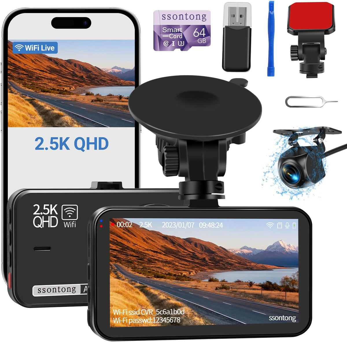 Dash Cam Front and Rear, 2.5K Front 1080P Rear WiFi App Control w/64GB Card