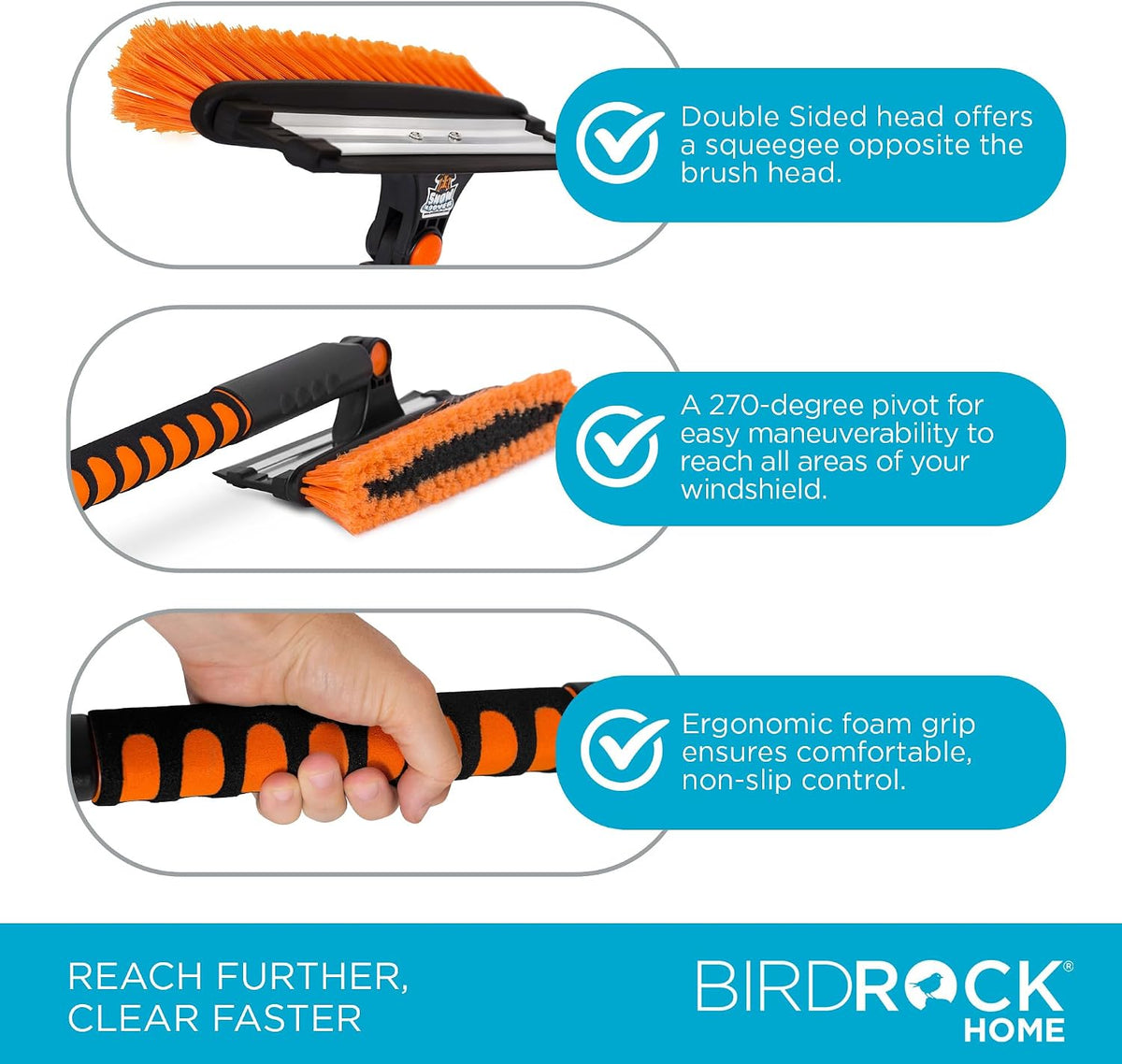 BIRDROCK HOME 39" Extendable Snow Brush with Detachable Ice Scraper for Car - Portable Snow Removal Tool for Windshield & Vehicles - Flexible Handle, Ergonomic Grip, 11" Wide Squeegee & Bristle Head