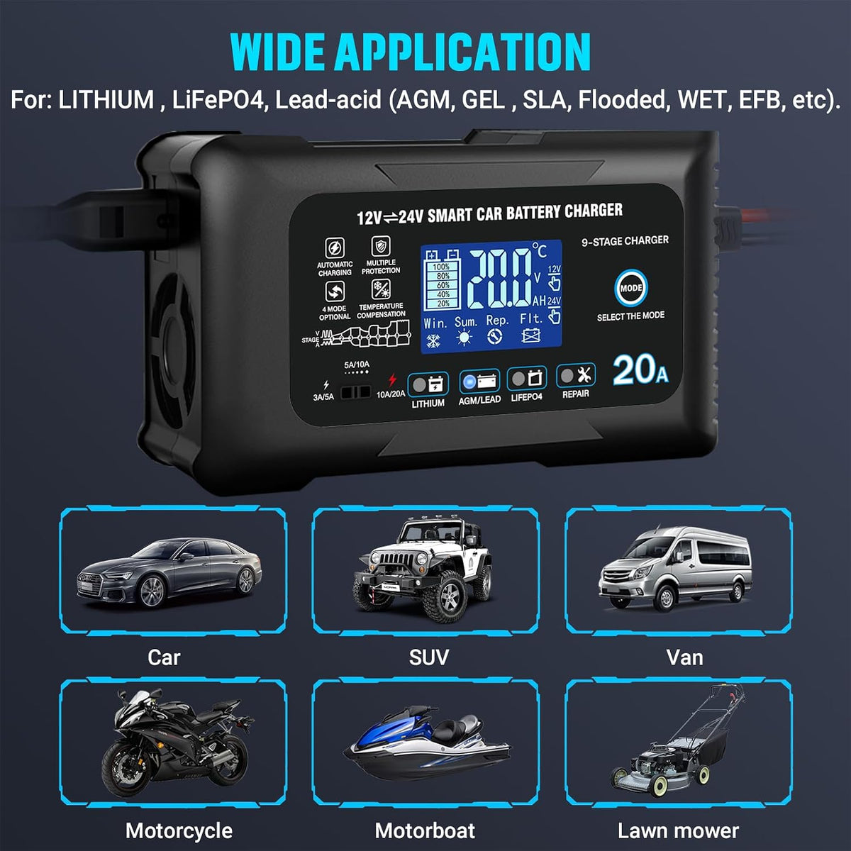20A Car Battery Charger, 12/24V Smart Trickle Charger & Maintainer