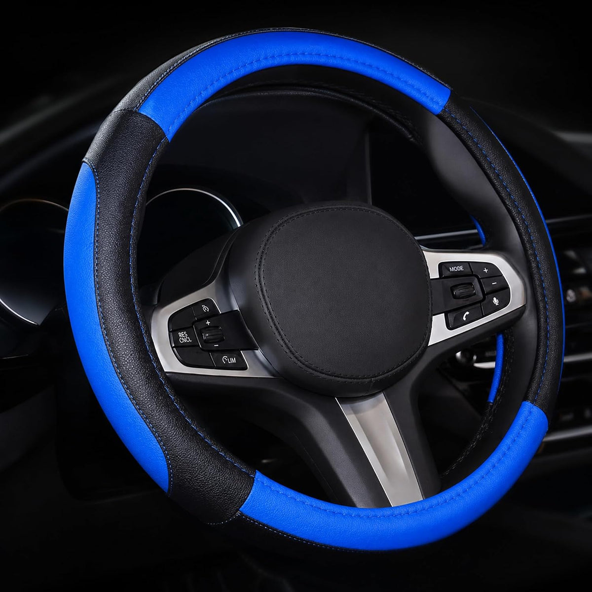 SHIAWASENA Microfiber Leather Car Steering Wheel Cover 15 Inch Black&Blue