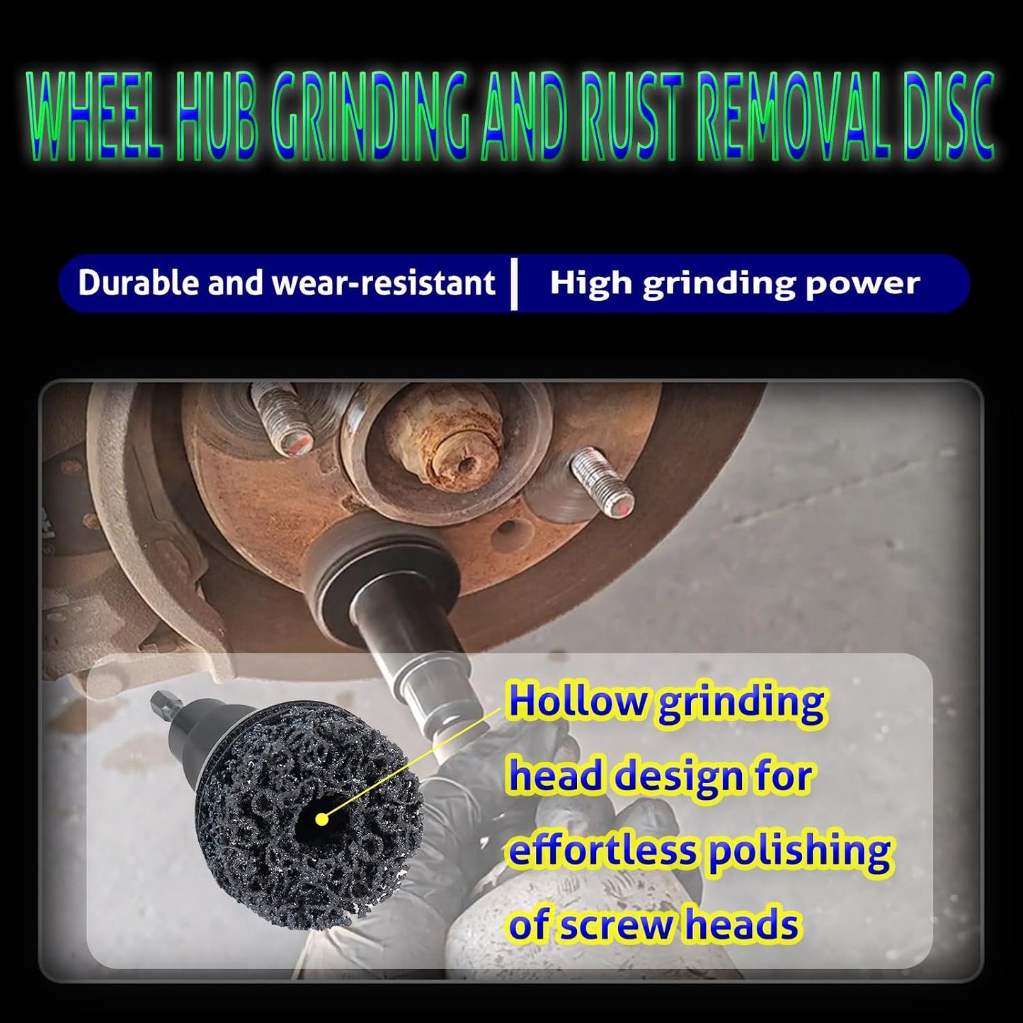 Wheel Hub Cleaning Tool, Wheel Stud Cleaner Includes 6 Grinding, Quick Rust Removal Brake Hub Cleaning Tool, Hub Resurfacing Tool Fits Power Drill or 1/2" Impact Driven Wrenches