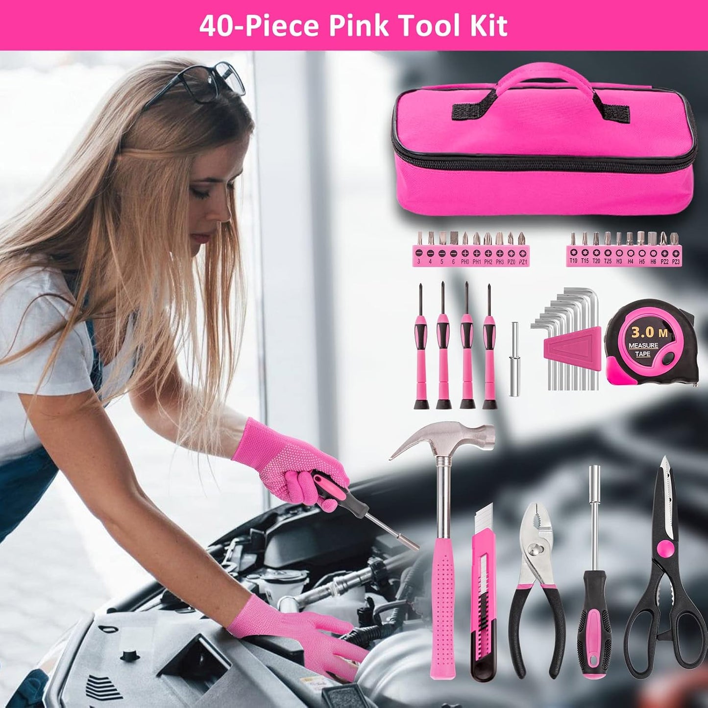 Car Roadside Emergency Kit - Pink Roadside Assistance Emergency Kit with Jumper Cables, Auto Tool Set, Deer Whistles, Winter Car Safety Roadside Assist Kit for Teen Girl and Ladies