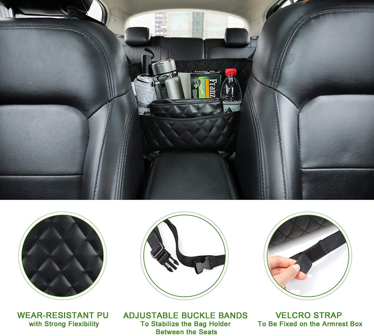 Car Purse Holder - Durable Leather Seat Back Organizer with Handbag Holder, Front Seat Storage Barrier, Backseat Pet & Kids Driver Storage Netting Pouch