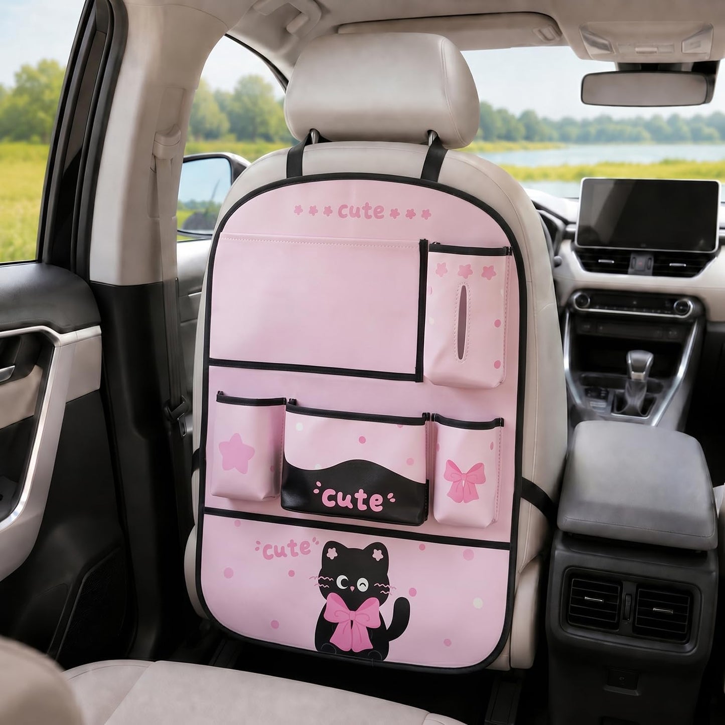 YUNZLAN Pink Black Backseat Car Organizer, Leather Kick Mats Back Seat Protector Organizer with Touch Screen Tablet Holder for Kids Travel Accessories