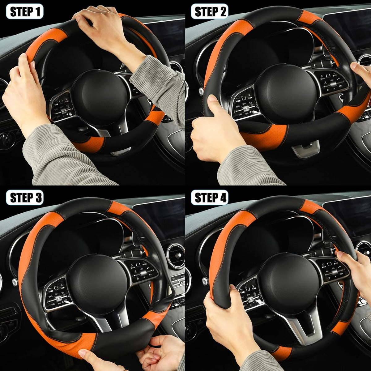Black Orange Microfiber Leather Steering Wheel Cover 15 inch