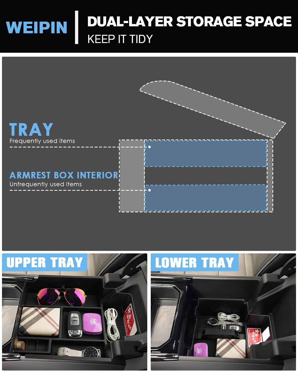 For 2PCS Double Layer Center Console Upper&Lower Armrest Organizer Compatible with 2024-2026 Chevy Silverado EV&GMC Sierra EV Armrest Storage Box Console Organizer - Easy to Install&Lift Handle Design
