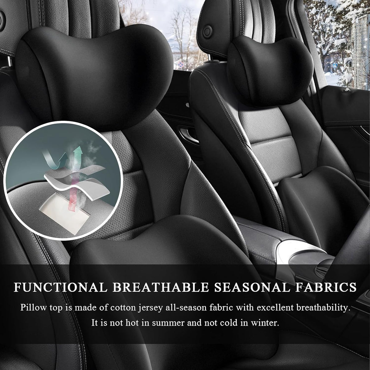 Car Headrest & Lumbar Support Cushion, Ergonomic Memory Foam Car Neck Back Support w/Removable Cover, Universal Breathable Lumbar Cushion Headrest Pillow with Adjusatble Strap (Black)