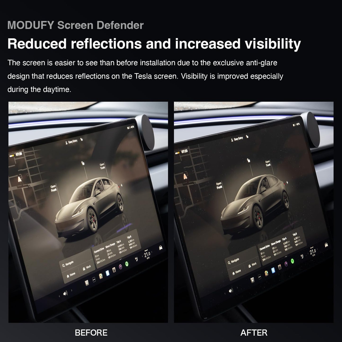 [16-inch] MODUFY Tesla Model Y Juniper Front & Rear Screen Protective Glass Set with Application Kit (High Hardness/Transparent/Anti-Scratch/Clear/Fingerprint/Shockproof/9H/Tesla/ModelY) (Matte Glass (Anti-glare))