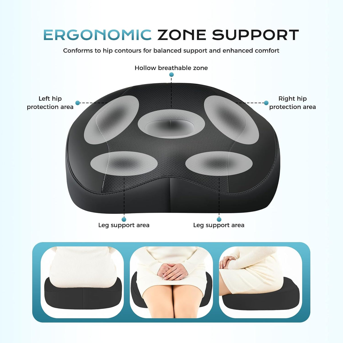 Coverado Car Seat Cushion and Lumbar Support Headrest Pillow, Integrated Ergonomic Memory Foam Back Support Neck Pillow, Soft Leather Breathable Driving Seat Cushion for Sciatica Pain Relief, Black