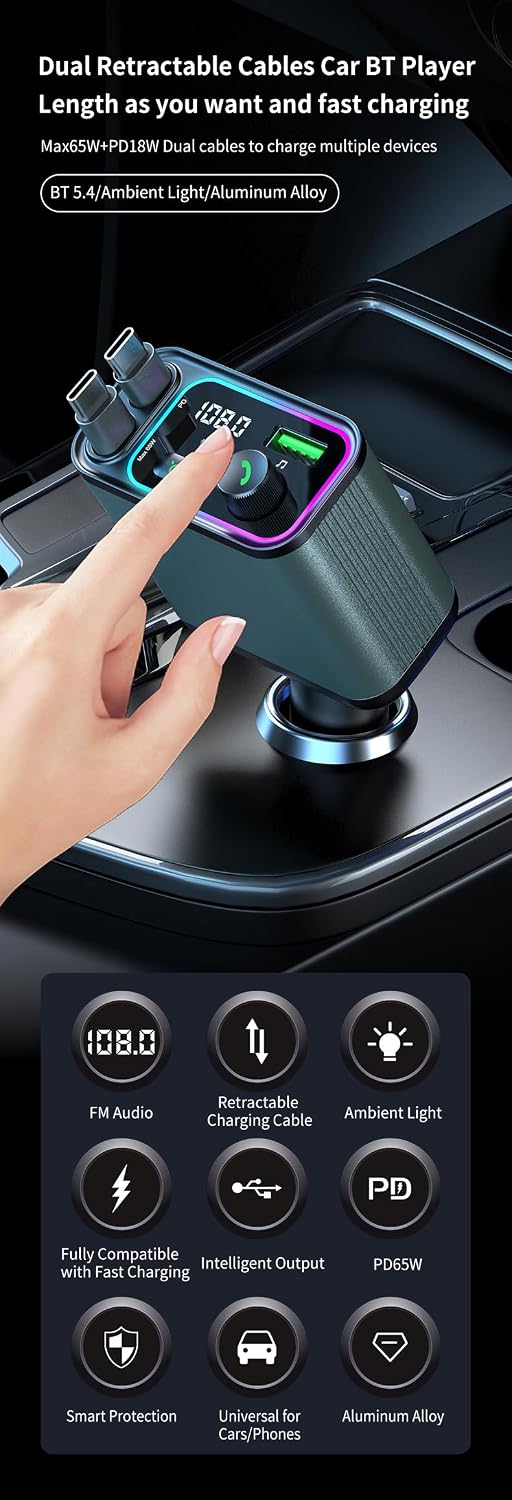 3 in 1 Retractable Car Charger Adapter & FM Transmitter
