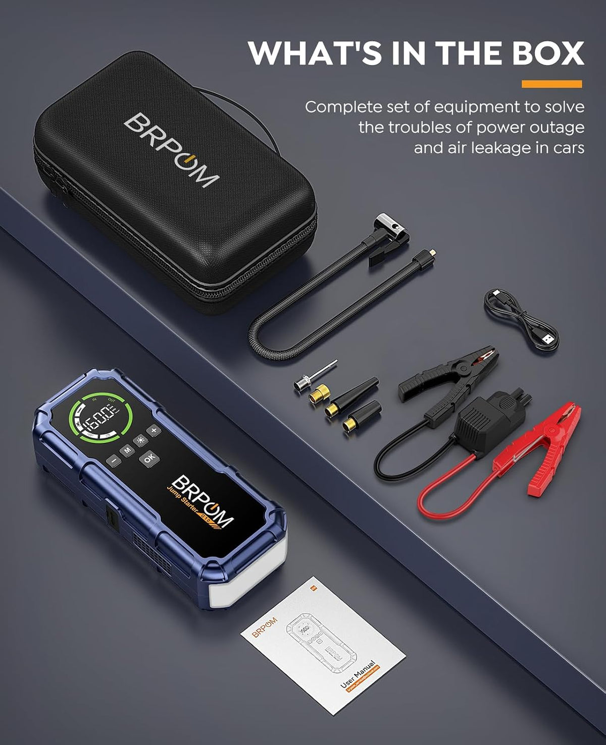 BRPOM 8000A Jump Starter with Air Compressor, 160 PSI Tire Inflator