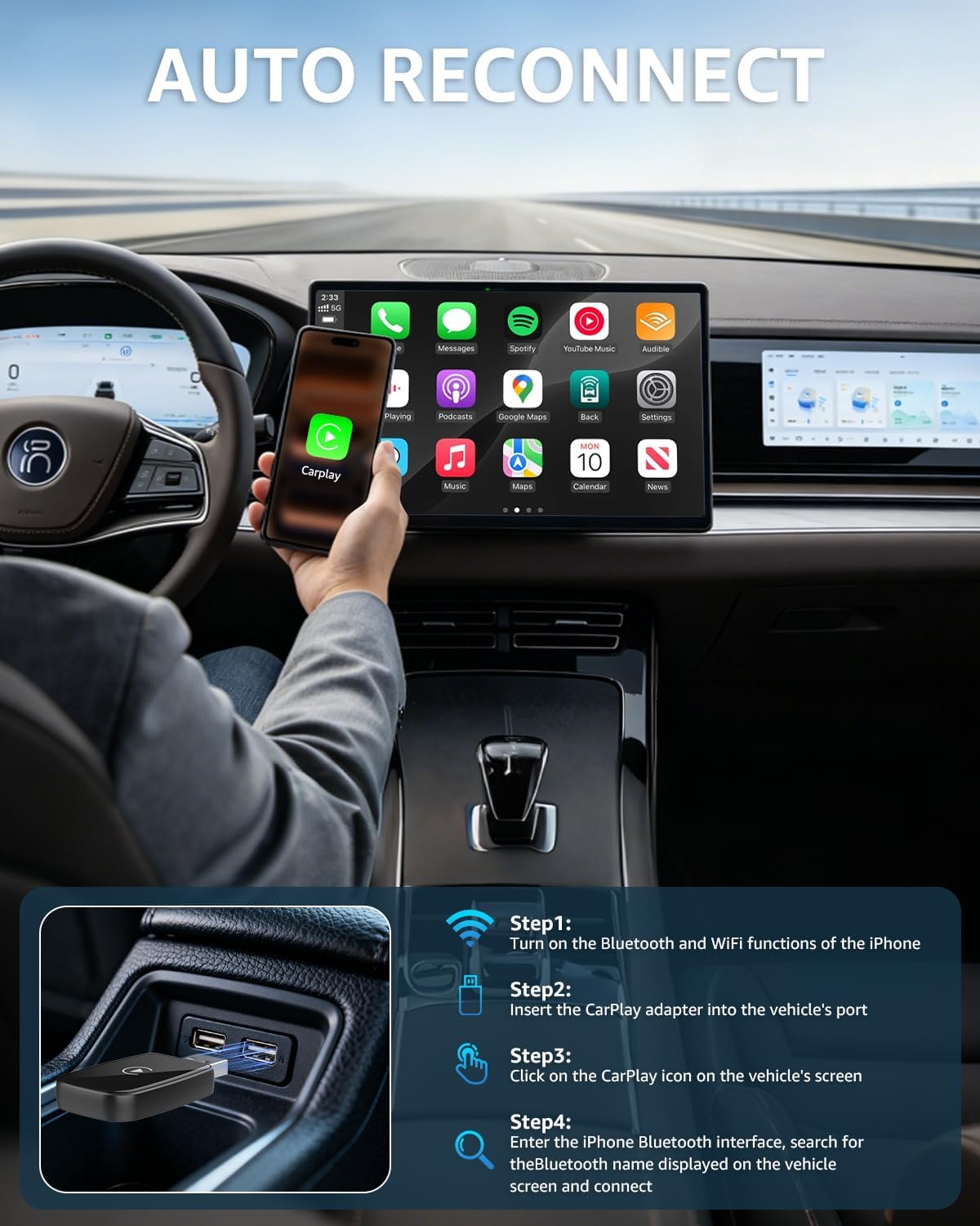4 in 1 Wireless CarPlay Adapter Car Screen Mirroring Adapter for Apple iPhone& Android, Convert Wired CarPlay to Wireless, Stable Control & No Delay Latency, Plug and Play (PureBlack)