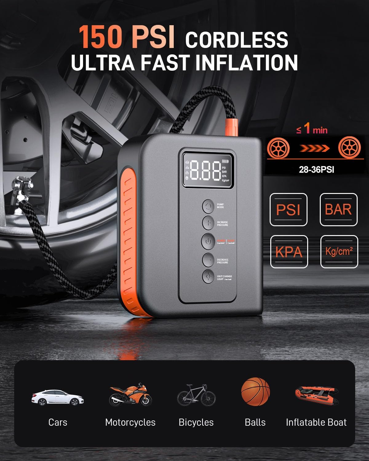 10000 amp Jump Starter with Air Compressor for Car, Battery Portable Power Pack 150PSI Tire Inflotor, USB Charge, LED Light, for All Gas and Up to 8L Diesel Engines Jumper Box
