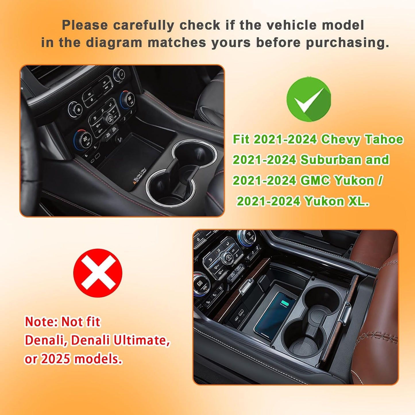Center Console Tray for 2021-2024 Chevy Tahoe/Suburban/GMC Yukon | Hidden Compartment Cover Organizer, Extra Storage with USB Hole, Not for Yukon Denali/Ultimate, Not for 2025 Models