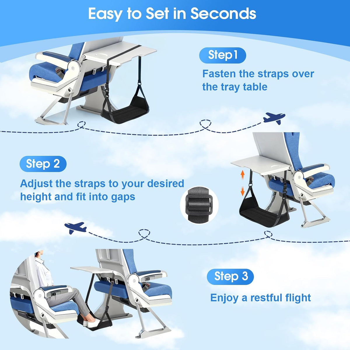ExploreBliss Airplane Foot Rest - Lightweight Foot Hammock for Plane Travel with Adjustable Strap & Thick Board, Tray Table Under Desk Footrest to Relax Feet, Travel Essentials for Long Flights(Black)
