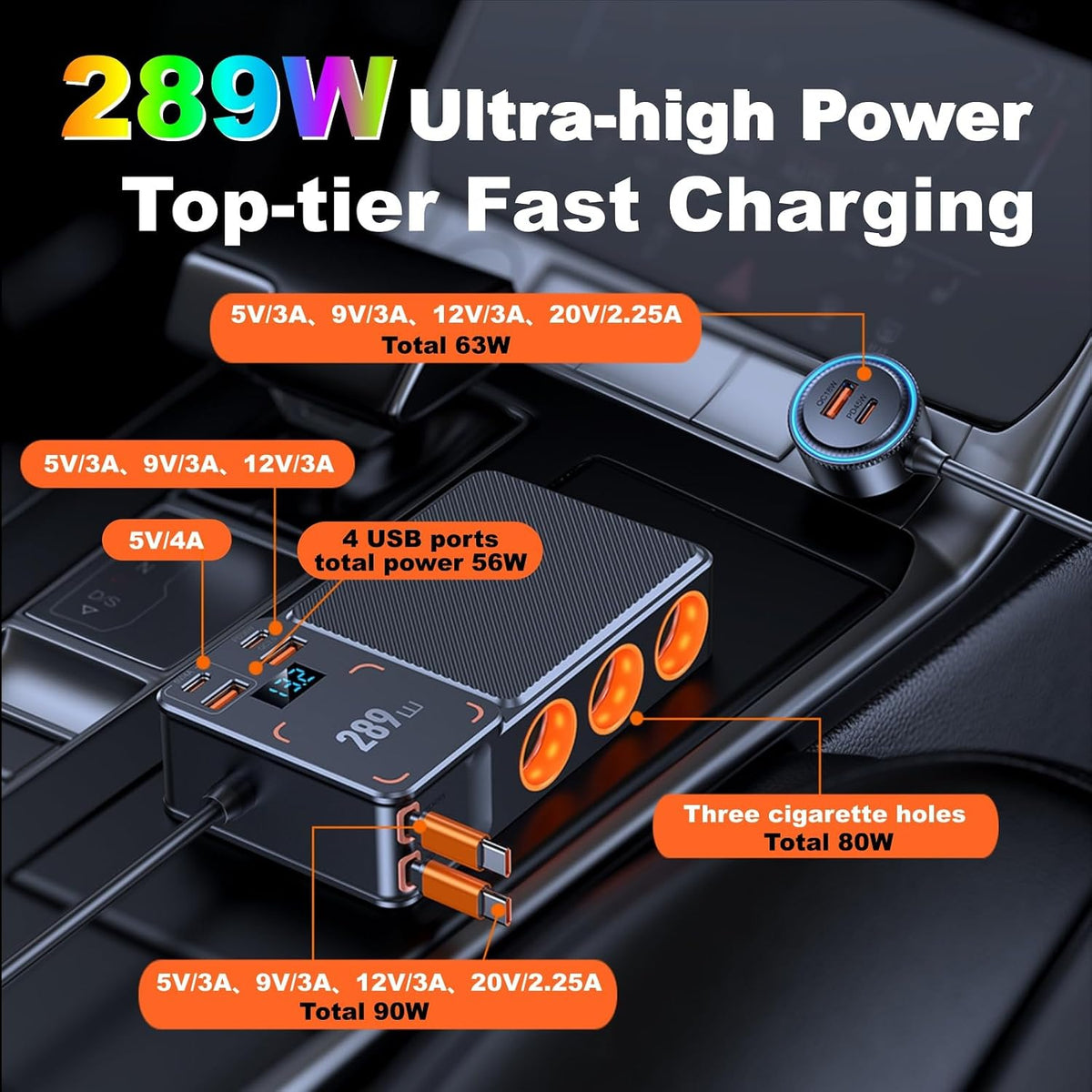 289W 11 in 1 Cigarette Lighter Splitter, 3 Sockets, 8 USB, PD45W *3, QC3.0