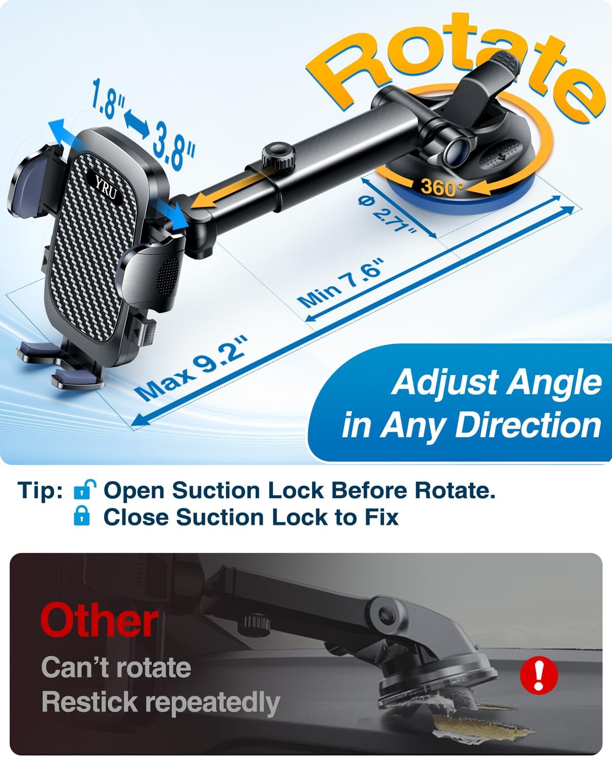 YRU True Military-Grade 360°Rotation Suction 2026 Ultimate Car Phone Holder