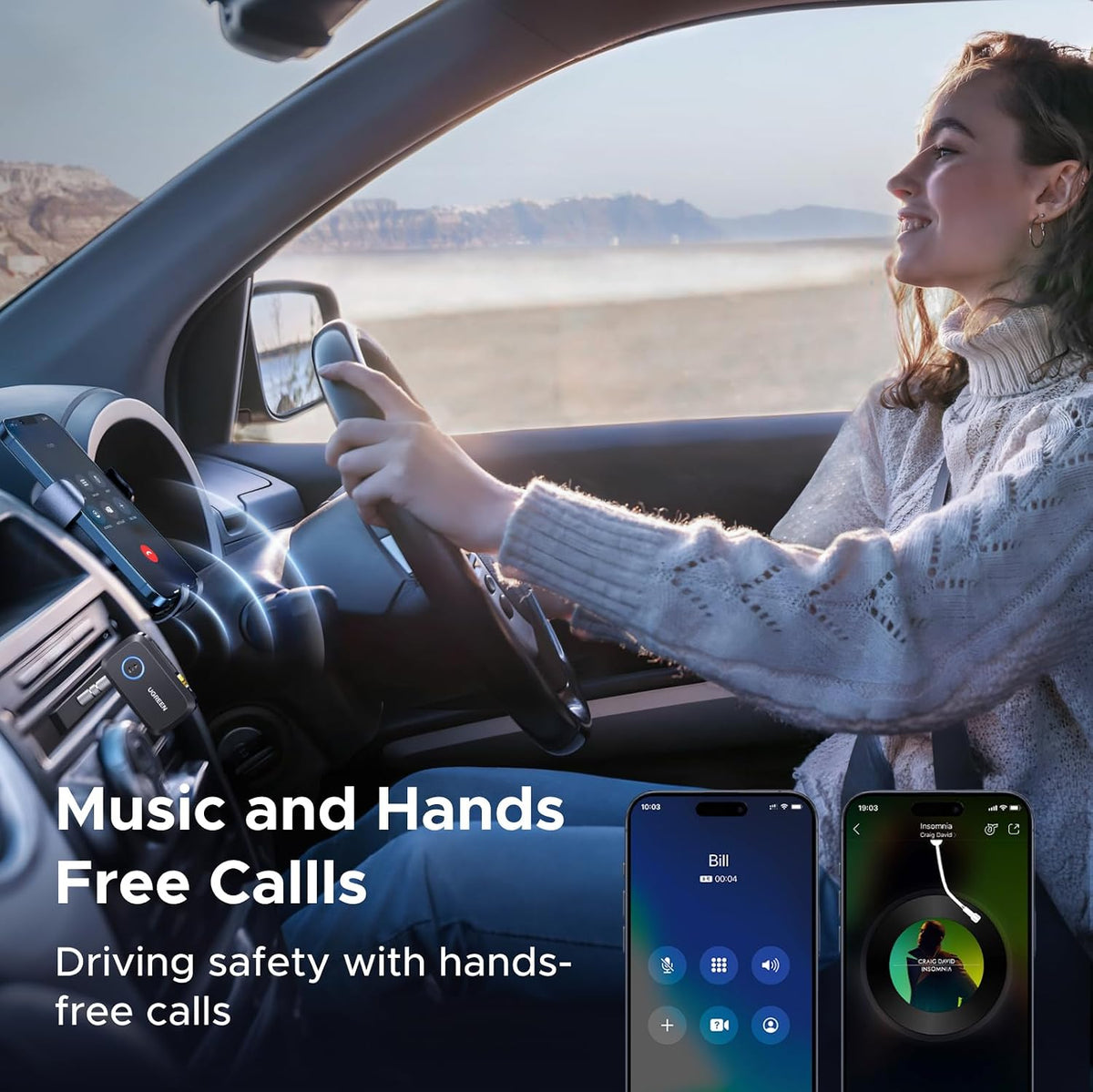 UGREEN Bluetooth 6.0 Receiver for Car with LDAC, AI Noise Cancelling 3.5mm AUX Bluetooth Car Adapter, Hi-Res Wireless Audio Receiver for Home Stereo/Wired Speaker with Hands-Free Call,15H Battery Life