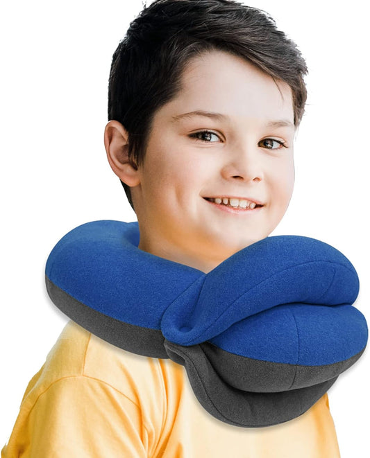 BUYUE Kids Travel Pillows for Airplane, Memory Foam 360° Head Support Sleeping Essentials for Boys Long Flight, Skin-Friendly Soft Neck Pillow for Traveling in Car Seat, (Small, Blue Grey, 40-90 lbs)